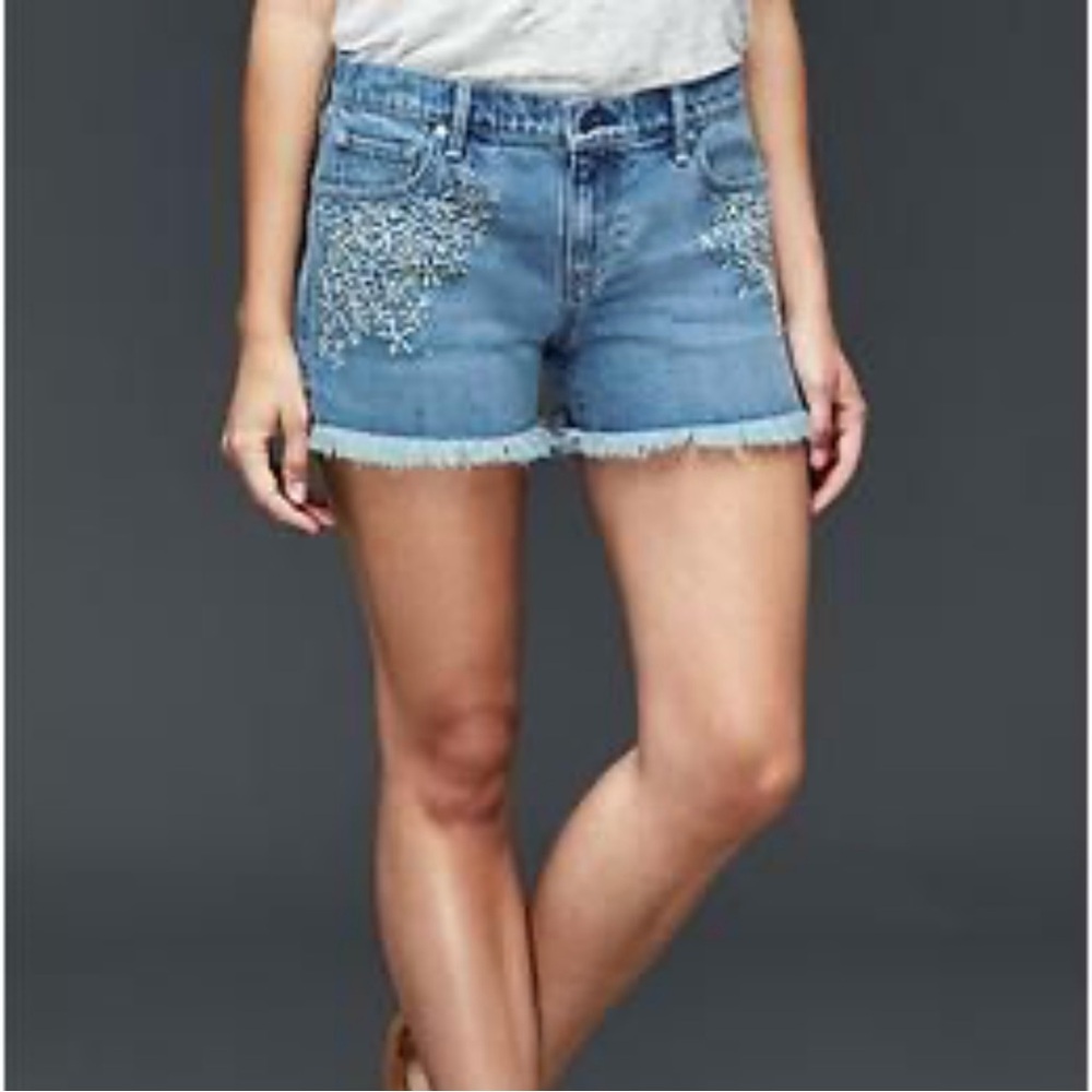 Gap Girlfriend Embellished Blue Embroidered Denim Shorts Size 27